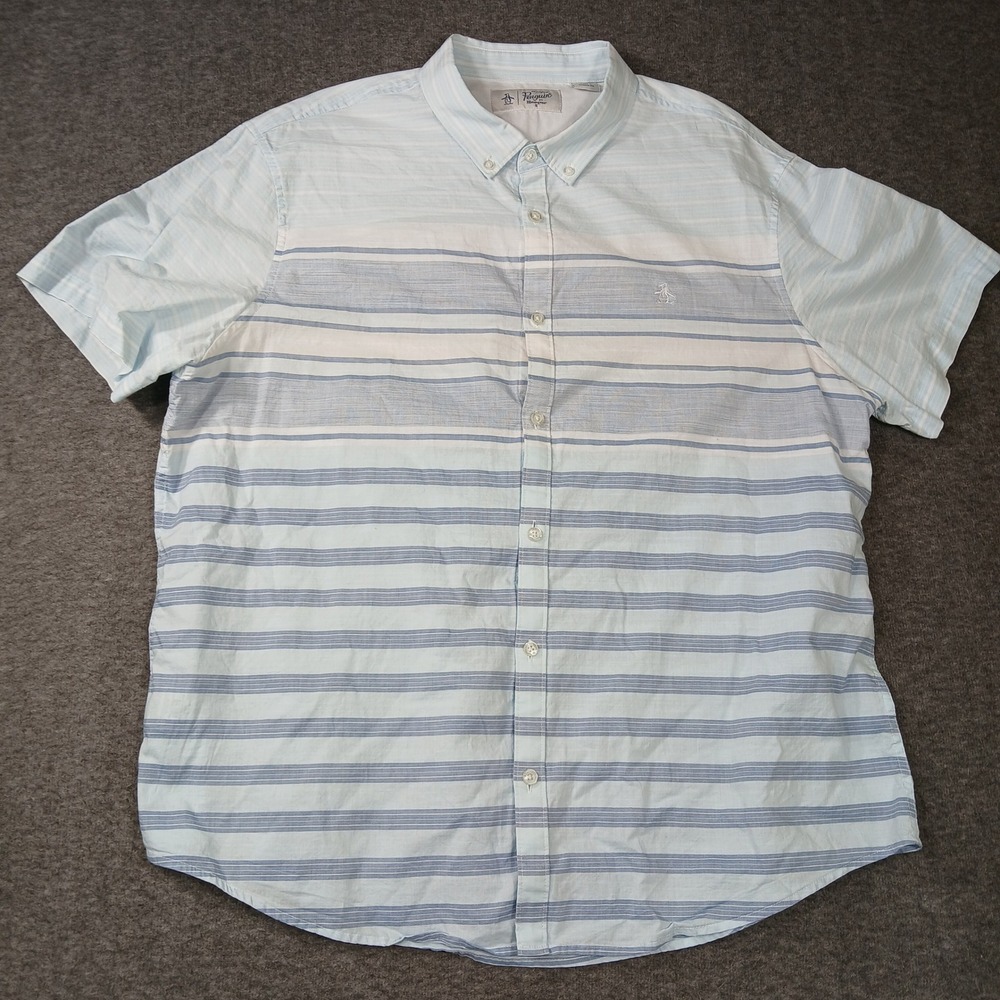 Original Penguin Mens‎ XXL Blue White Striped Short Sleeve Shirt Cotton